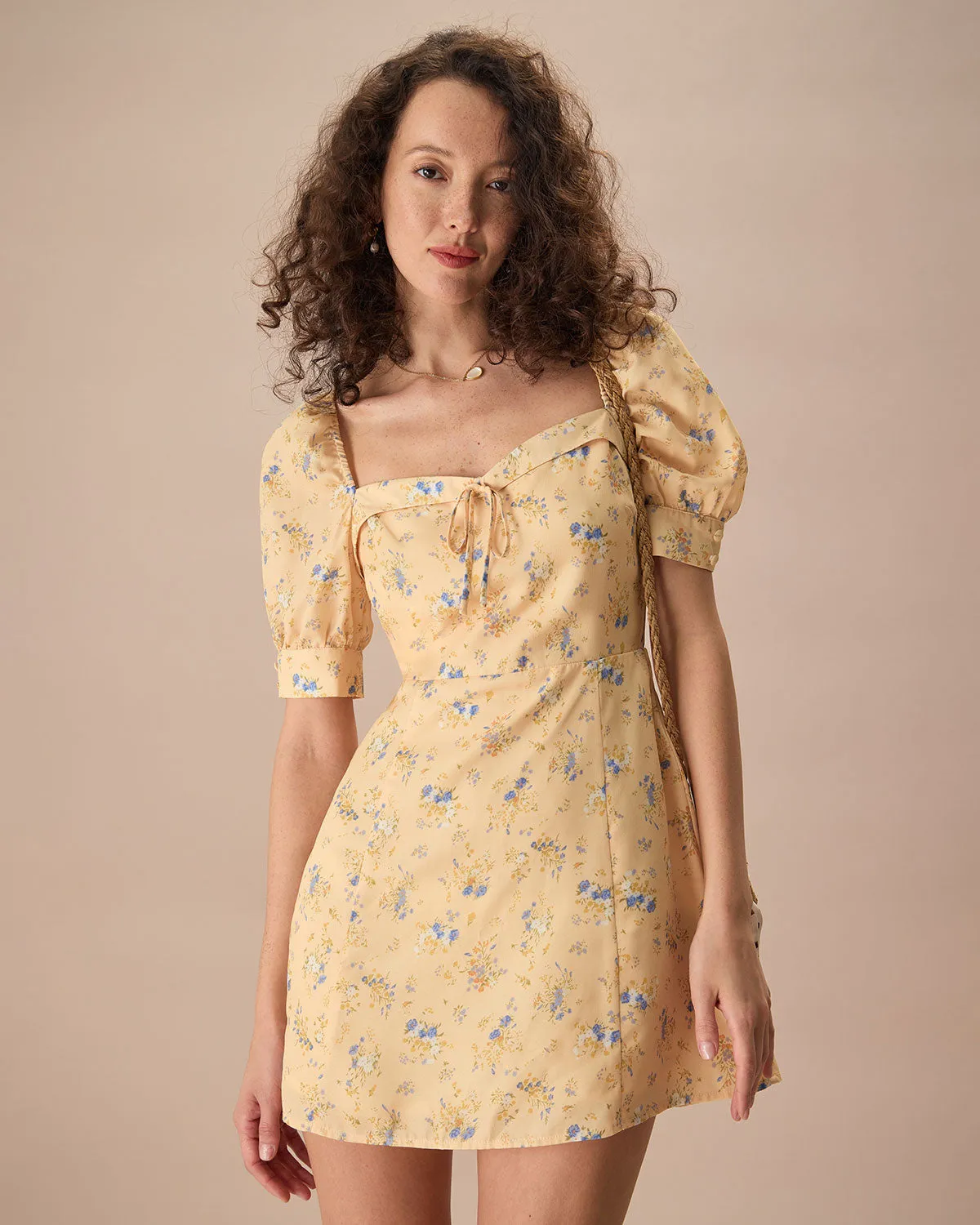 The Yellow Sweetheart Neck Floral Mini Dress