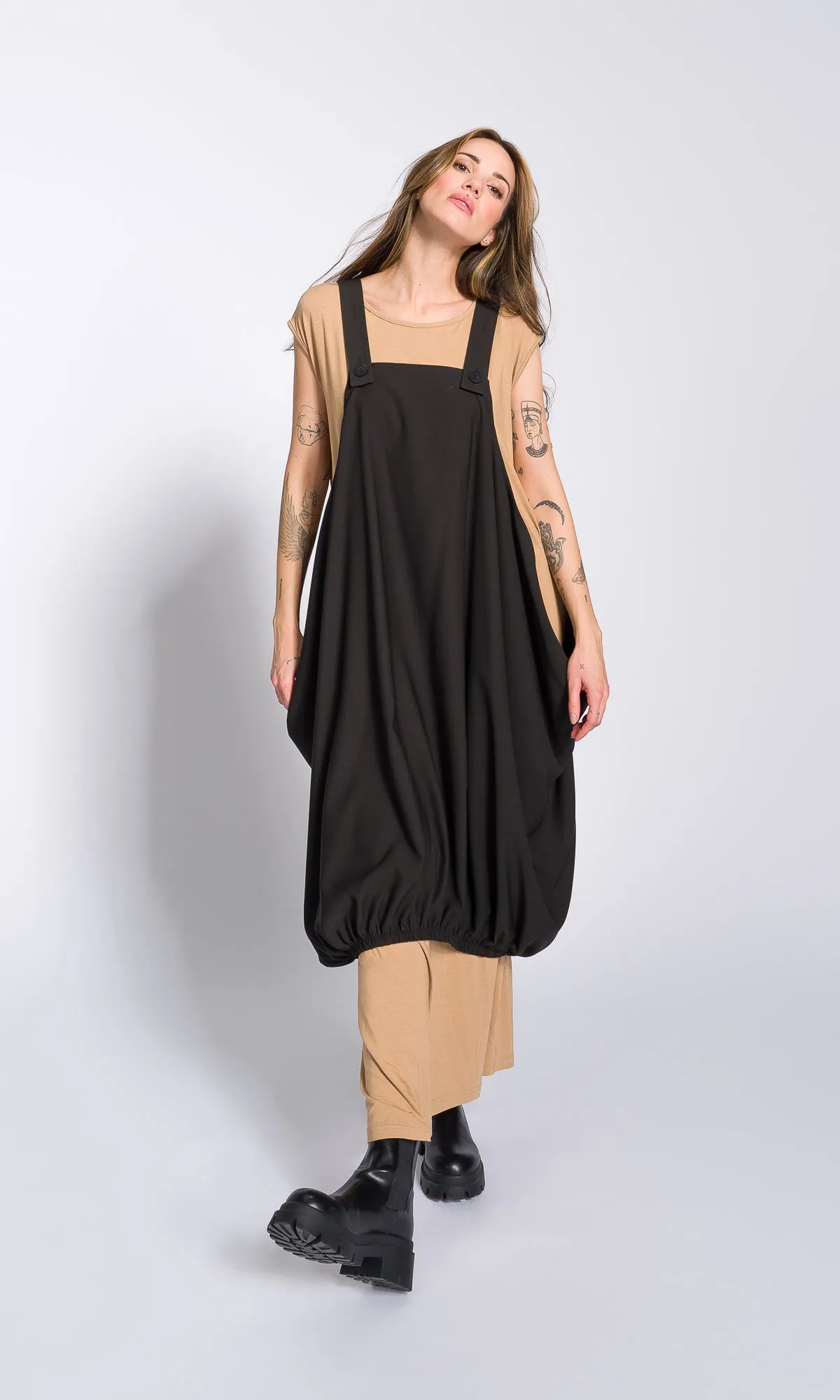 Two-piece Set of Casual Midi Dress and Balloon Apron Tunic