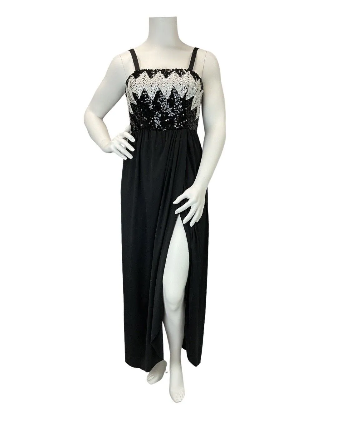 VINTAGE 60s 70s BLACK WHITE SEQUIN ZIG-ZAG STRAPPY DISCO STUDIO 54 MAXI DRESS 8