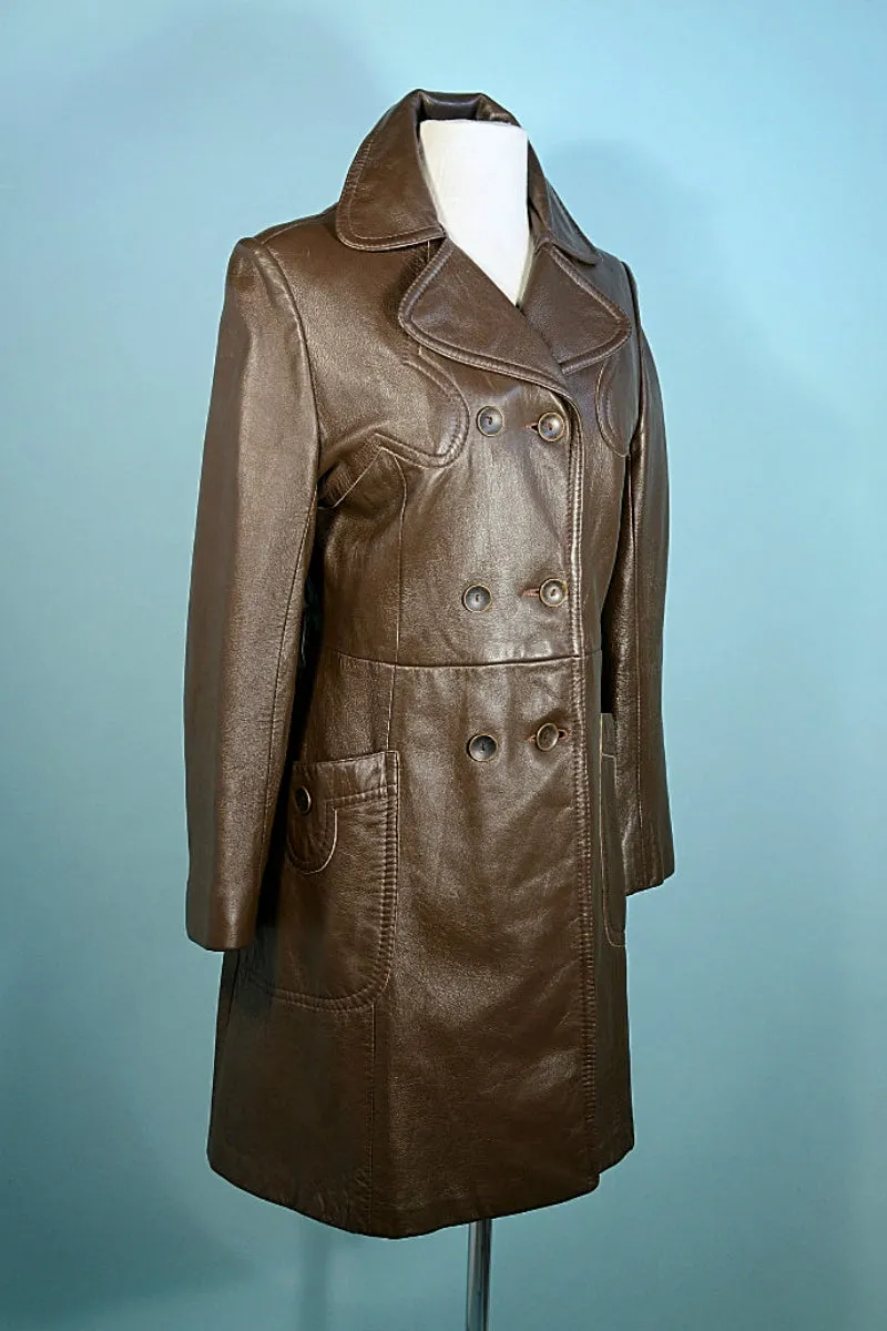 Vintage 60s Brown Leather Double Breasted Coat, Mod Hippie Leather Trench Coat S