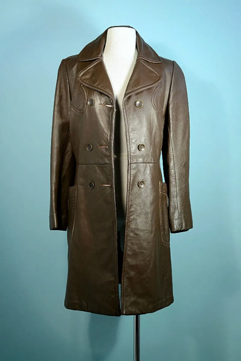 Vintage 60s Brown Leather Double Breasted Coat, Mod Hippie Leather Trench Coat S