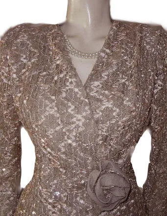 *VINTAGE J. BENJAMIN SPARKLING SEQUIN COCKTAIL OUTFIT WITH HUGE FABRIC ROSE IN KAHLUA