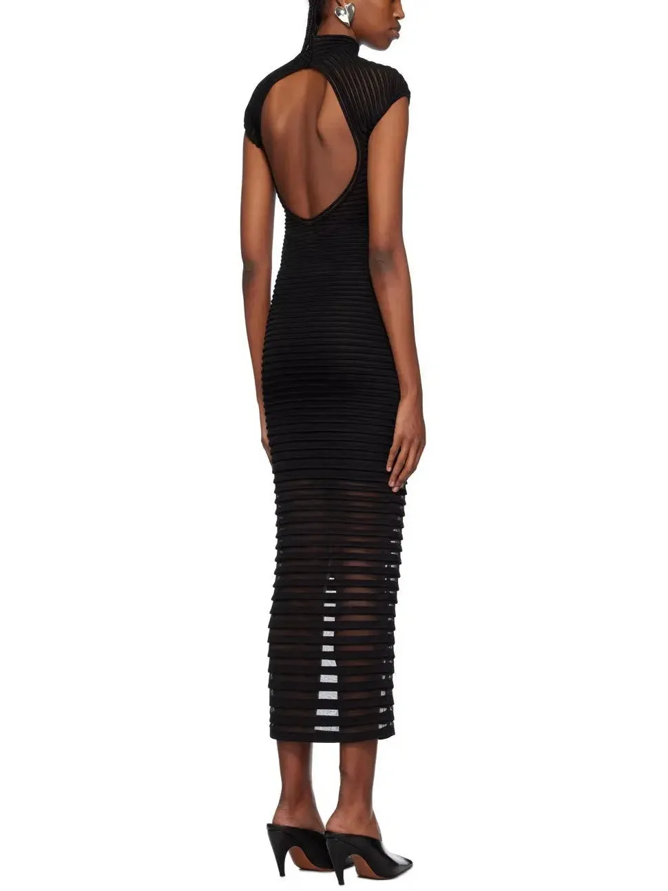 Women’s Black Backless Striped Semi-Sheer Maxi Dress