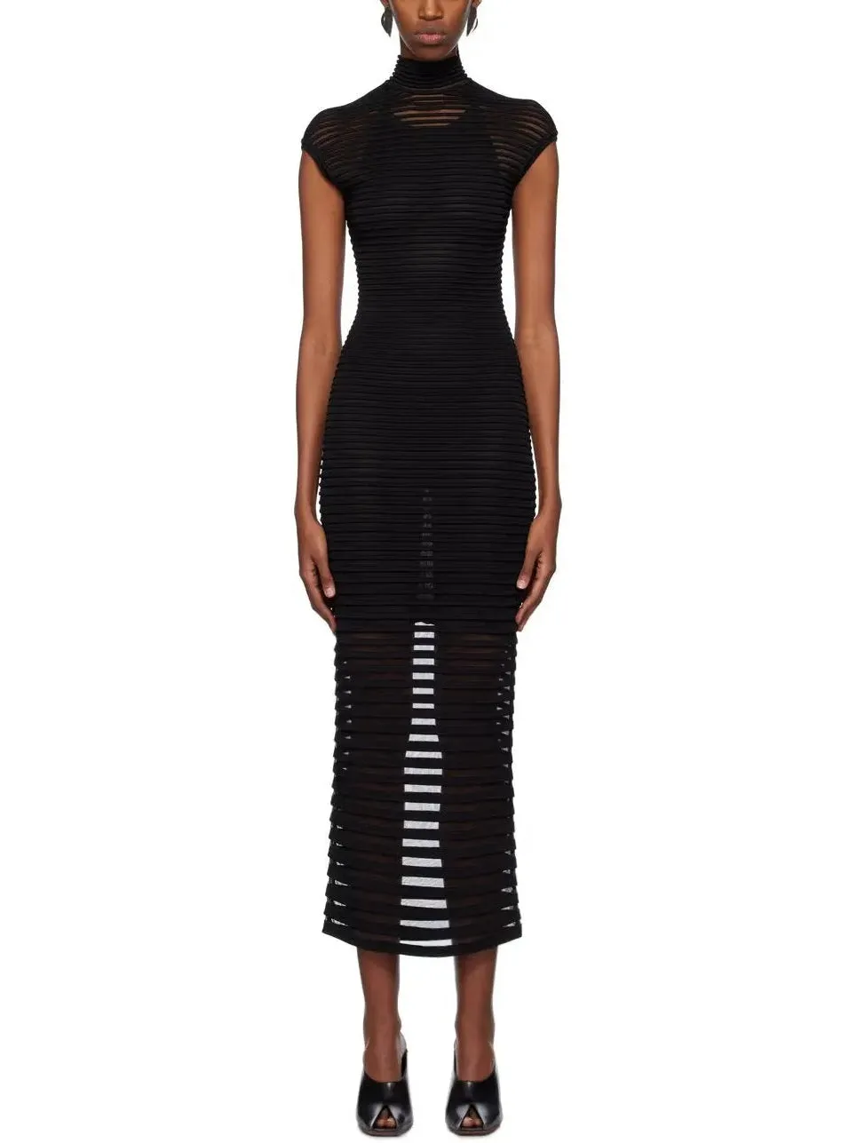 Women’s Black Backless Striped Semi-Sheer Maxi Dress