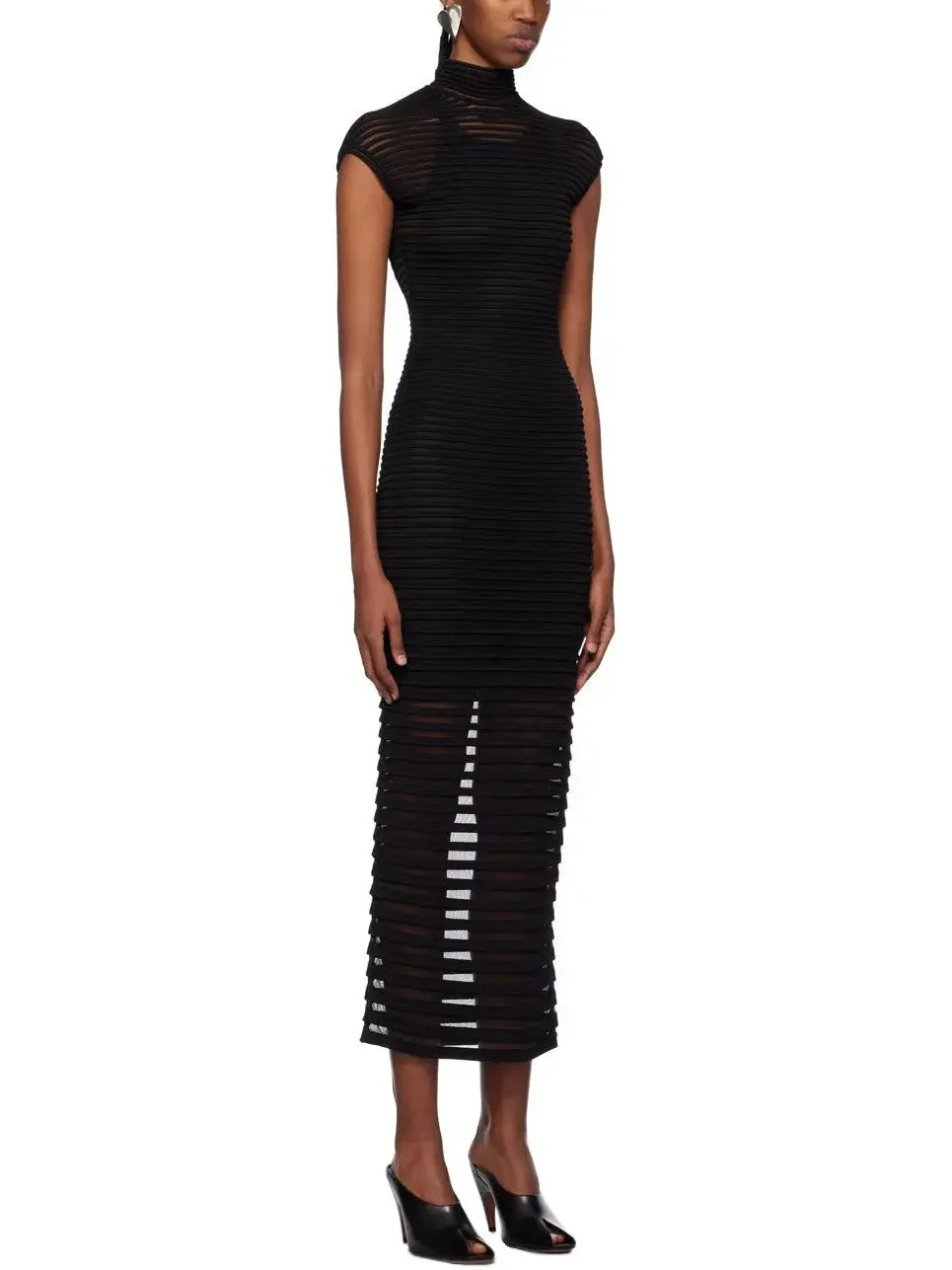 Women’s Black Backless Striped Semi-Sheer Maxi Dress