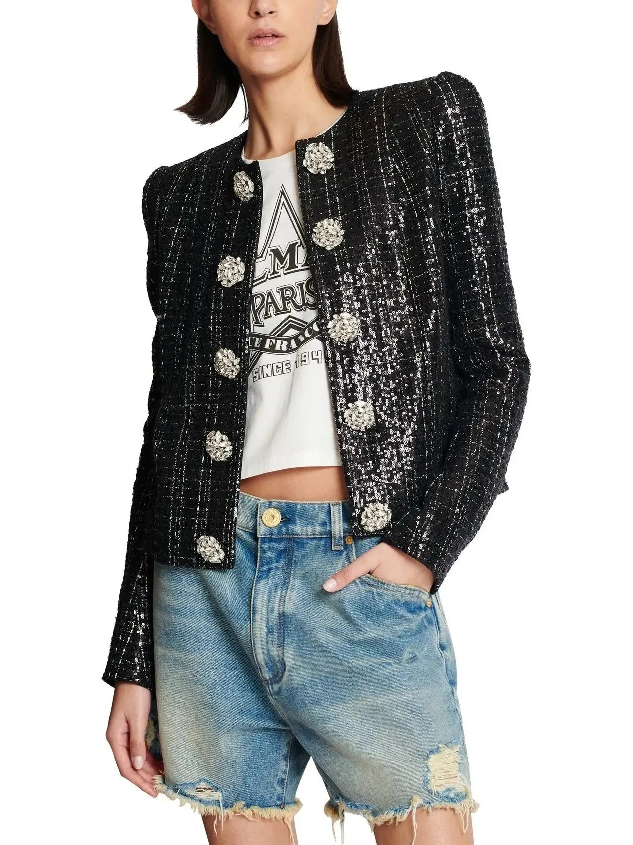 Women’s Collarless Glittered Tweed Jacket