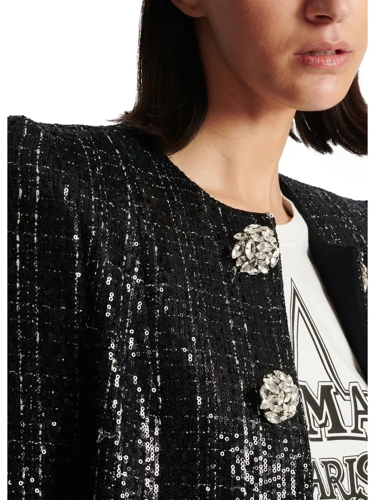 Women’s Collarless Glittered Tweed Jacket