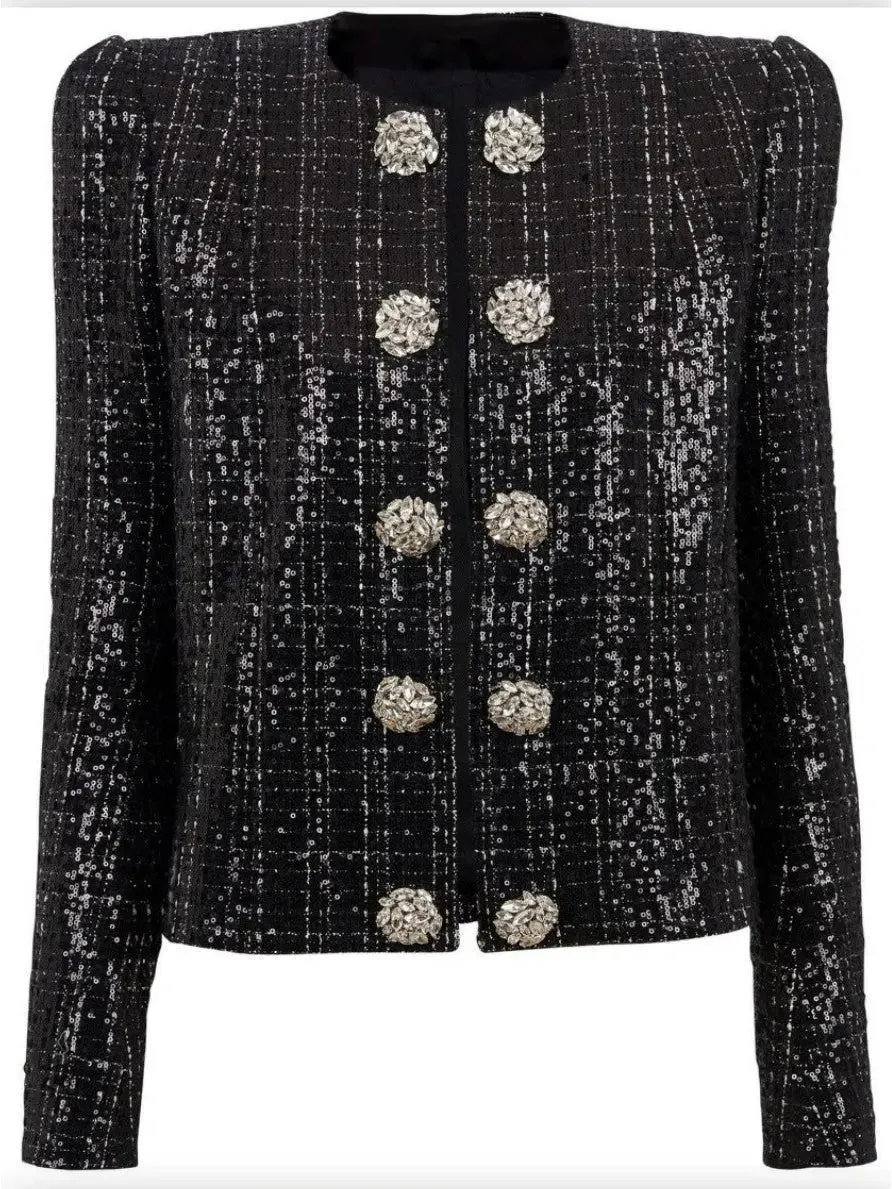 Women’s Collarless Glittered Tweed Jacket