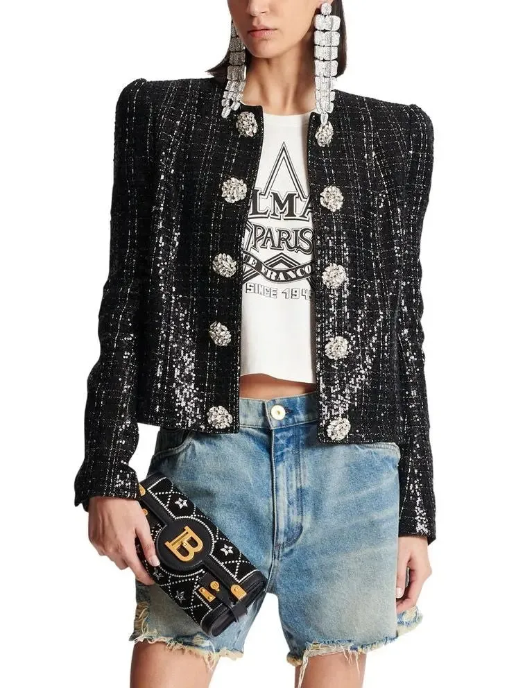 Women’s Collarless Glittered Tweed Jacket