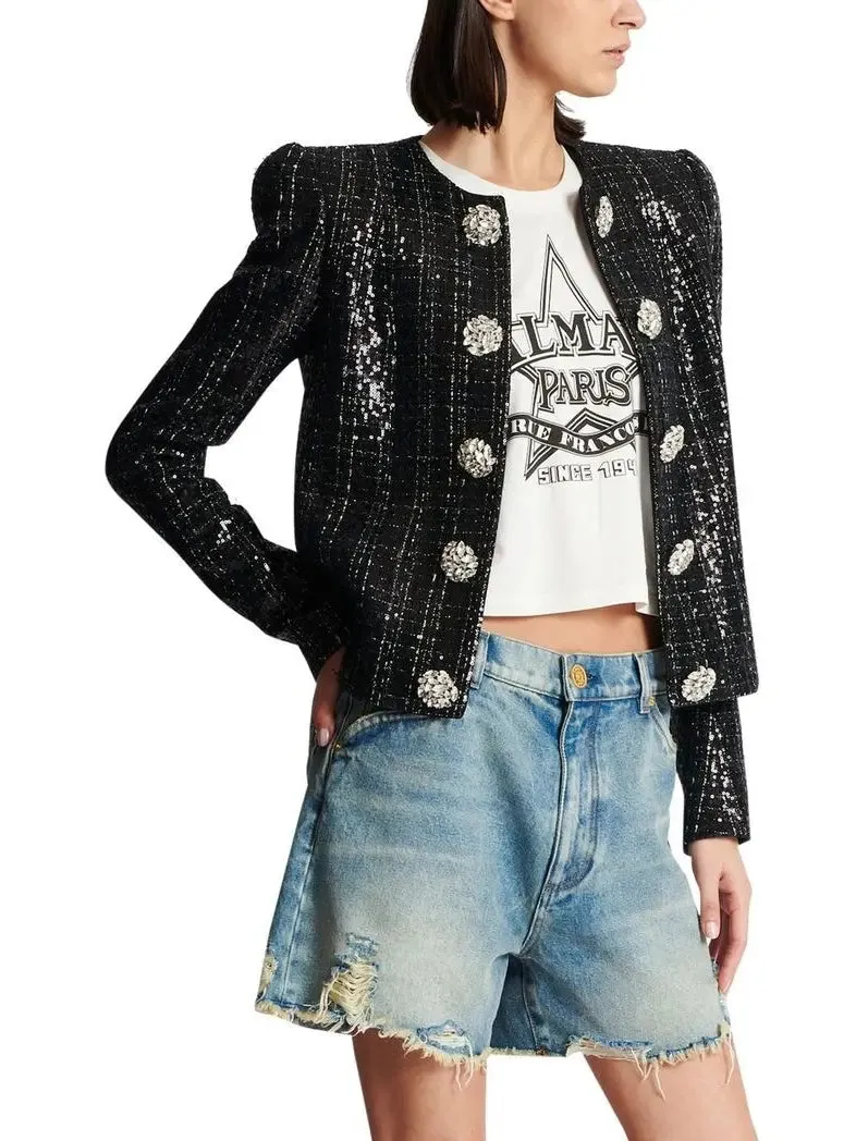 Women’s Collarless Glittered Tweed Jacket