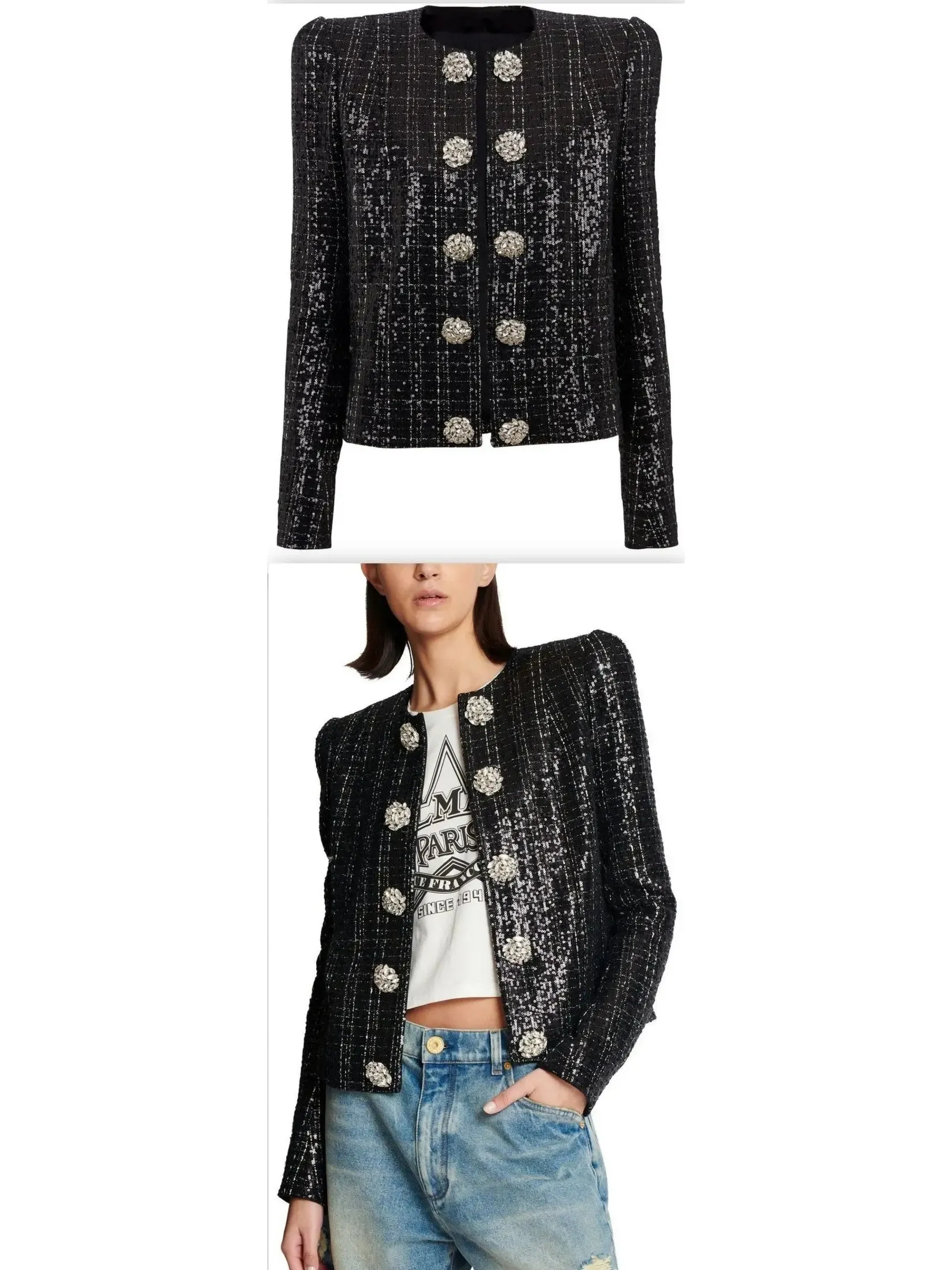 Women’s Collarless Glittered Tweed Jacket