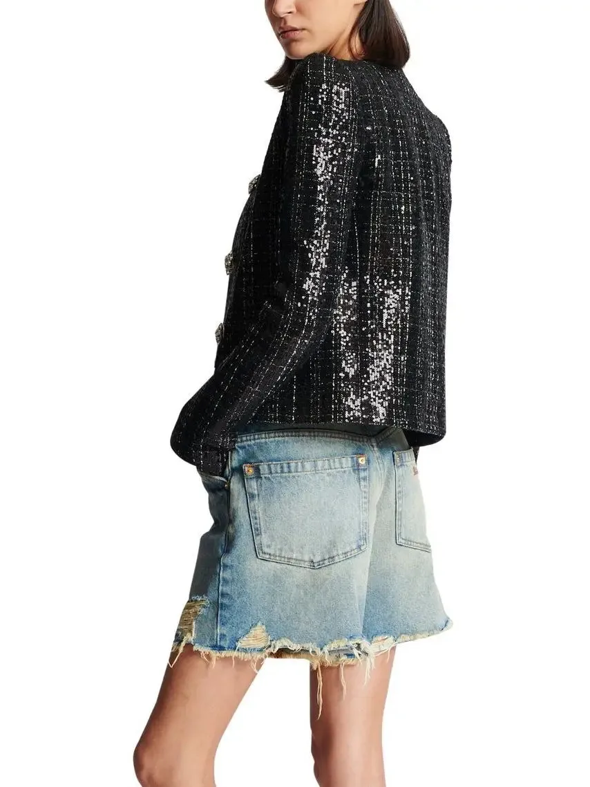 Women’s Collarless Glittered Tweed Jacket