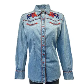 Women’s Denim American Bison Embroidered Western Shirt