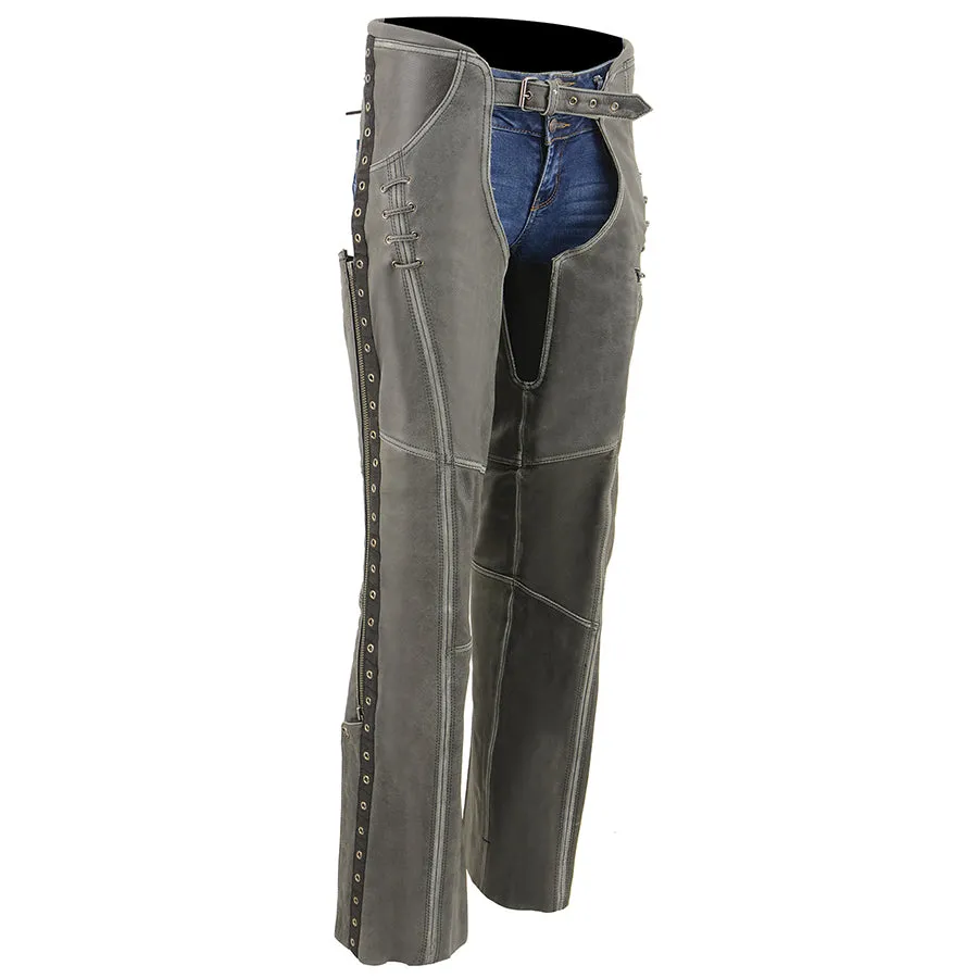 Women’s Distressed Grey Hip Set Chap w/ Lace & Grommet Details