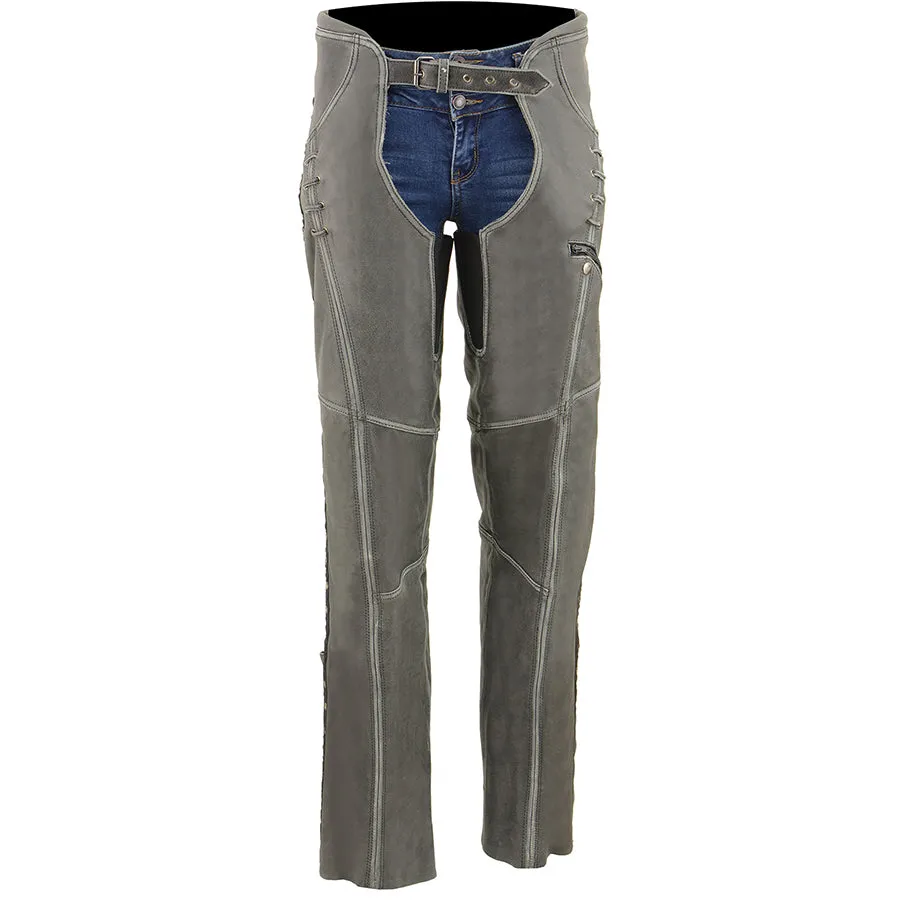 Women’s Distressed Grey Hip Set Chap w/ Lace & Grommet Details