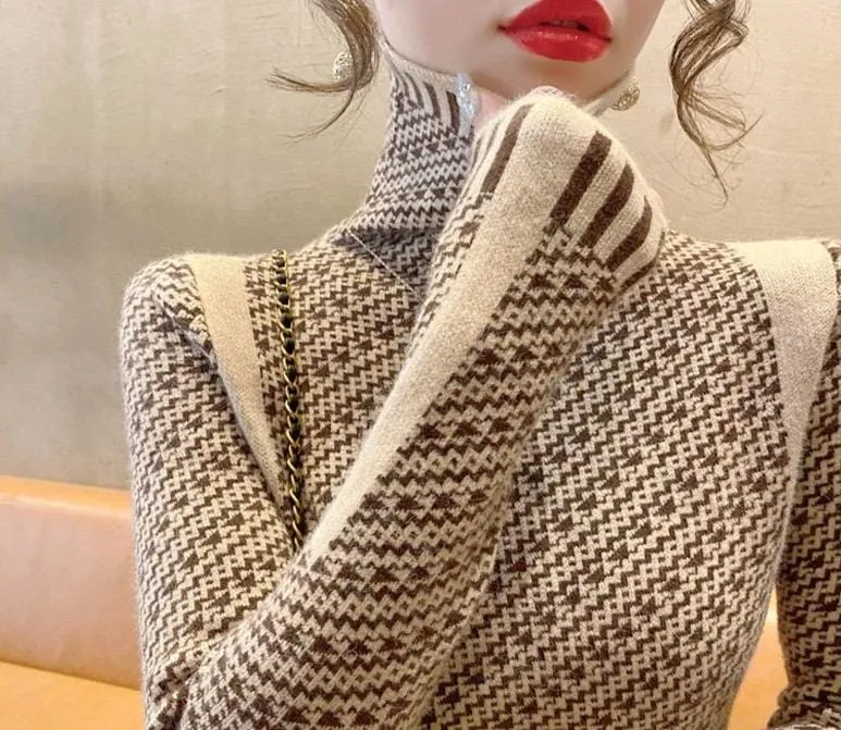 Women's Elegant Striped Slim Fit Sweater – Casual Mock Neck Pullover for Office & Chic Style