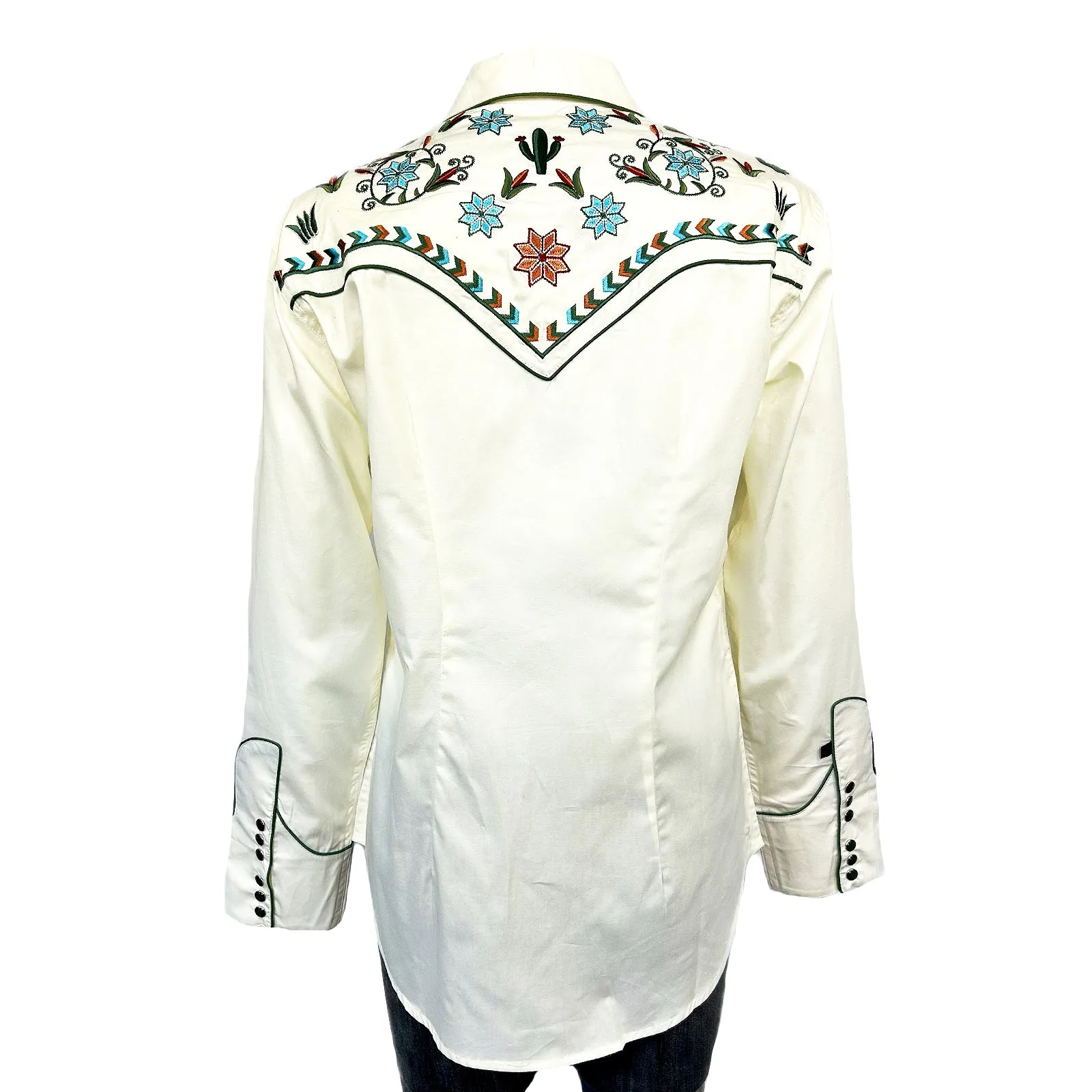 Women's Ivory Agave Cactus Floral Embroidery Western Shirt