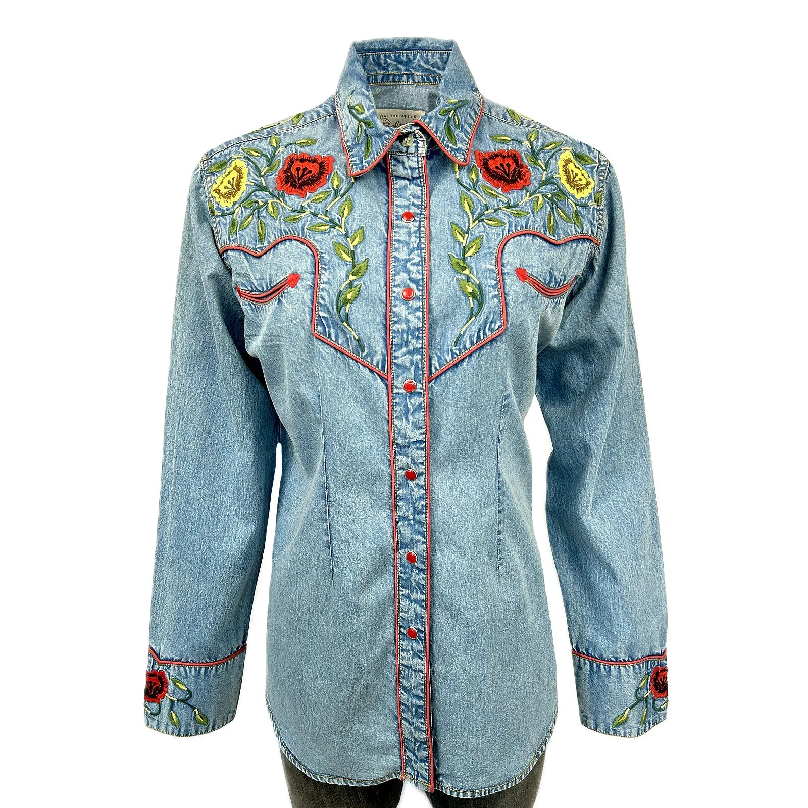 Women's Vintage Floral Denim Embroidered Western Shirt