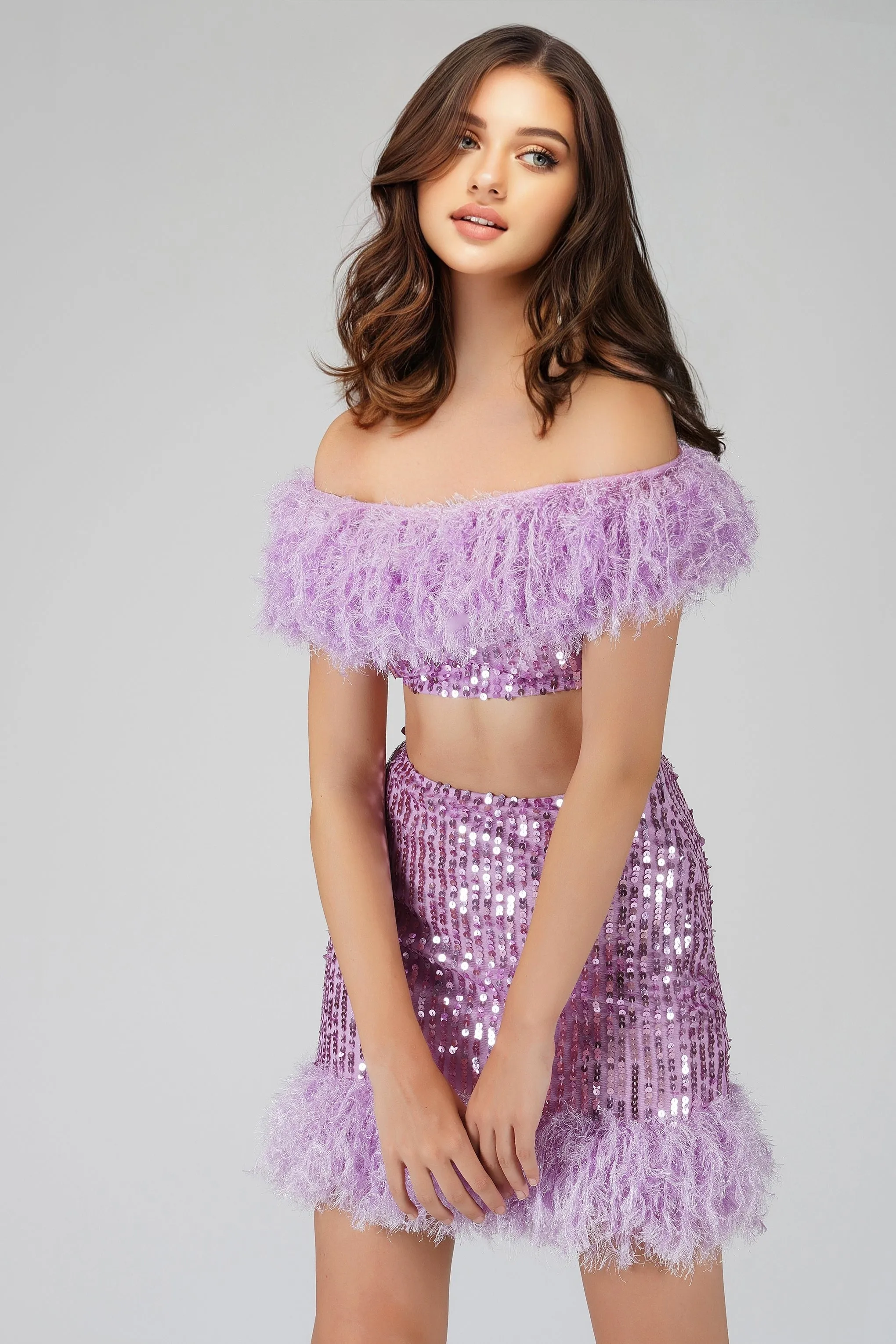 Zuri Sequin Lilac Feather Skirt